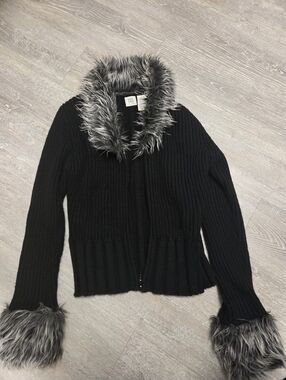 Black Faux-Fur Trim Ribbed Knit Sweater Jacket - 725 Originals, Y2K/00s, Size M